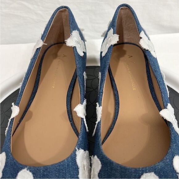Anthropologie Denim Floral Appliqué Point Toe Ballet Flat Shoes Jean Size 8 1/2 - Picture 9 of 13